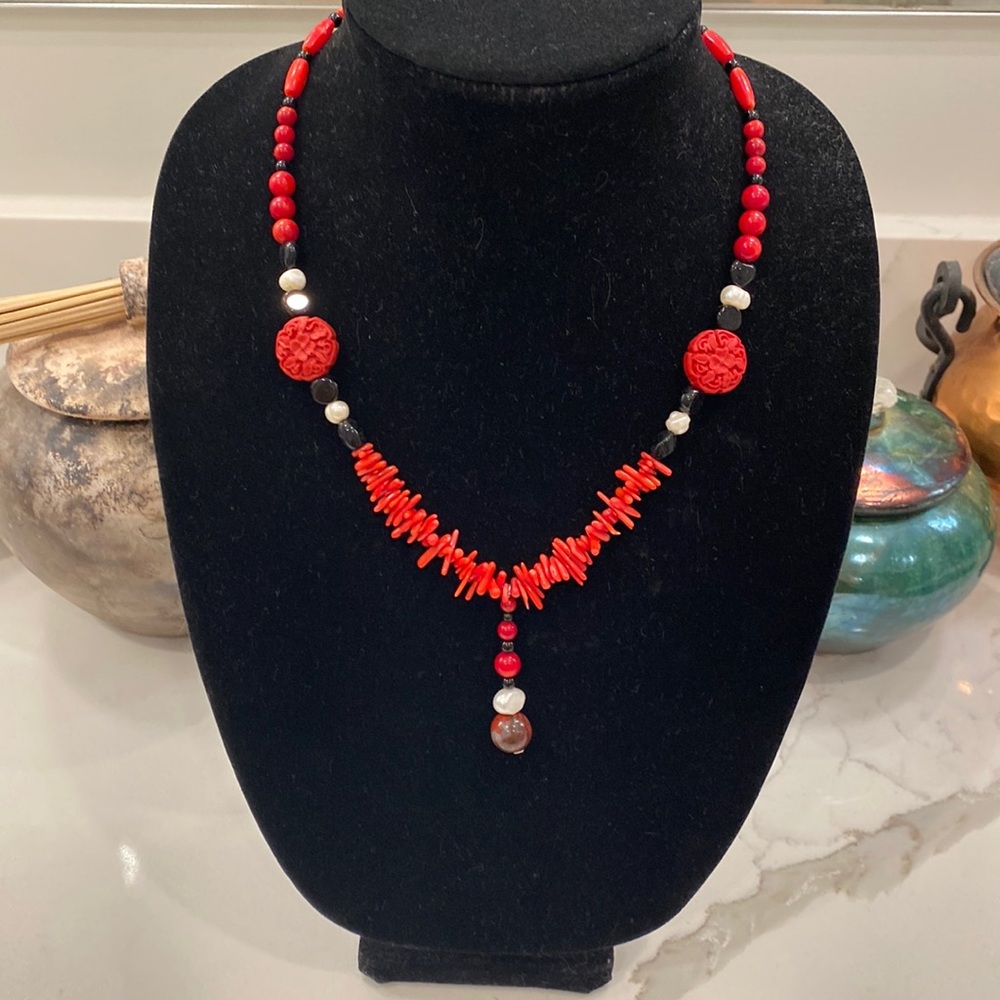 NWT Handmade Necklace, Red Coral/Jasper/Onyx/Freshwater Pearl/Black Glassw/Wood